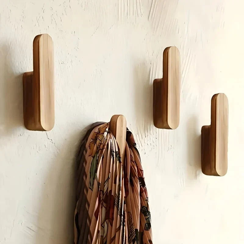 Wall Hook Set Natural Wood 4-Piece Space-Saving