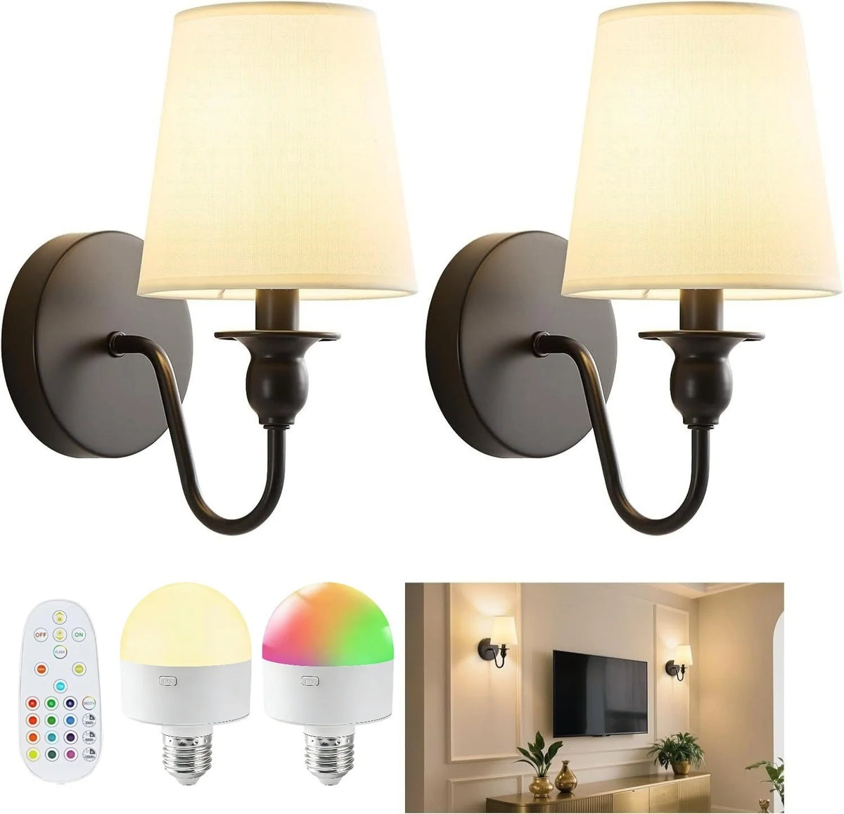 Wall Lamp Fabric Shade Set of 2
