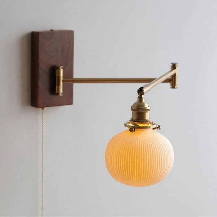 Wall Light Adjustable Swivel Arm Ribbed Ceramic Shade Wood Backplate