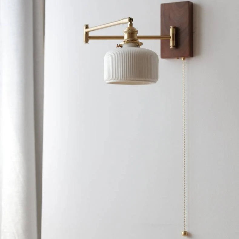 Wall Light Adjustable Swivel Arm Ribbed Ceramic Shade Wood Backplate
