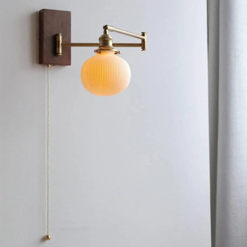 Wall Light Adjustable Swivel Arm Ribbed Ceramic Shade Wood Backplate
