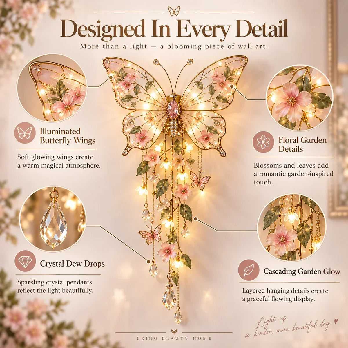 Wall Light Butterfly Floral Design Warm Ambient Glow