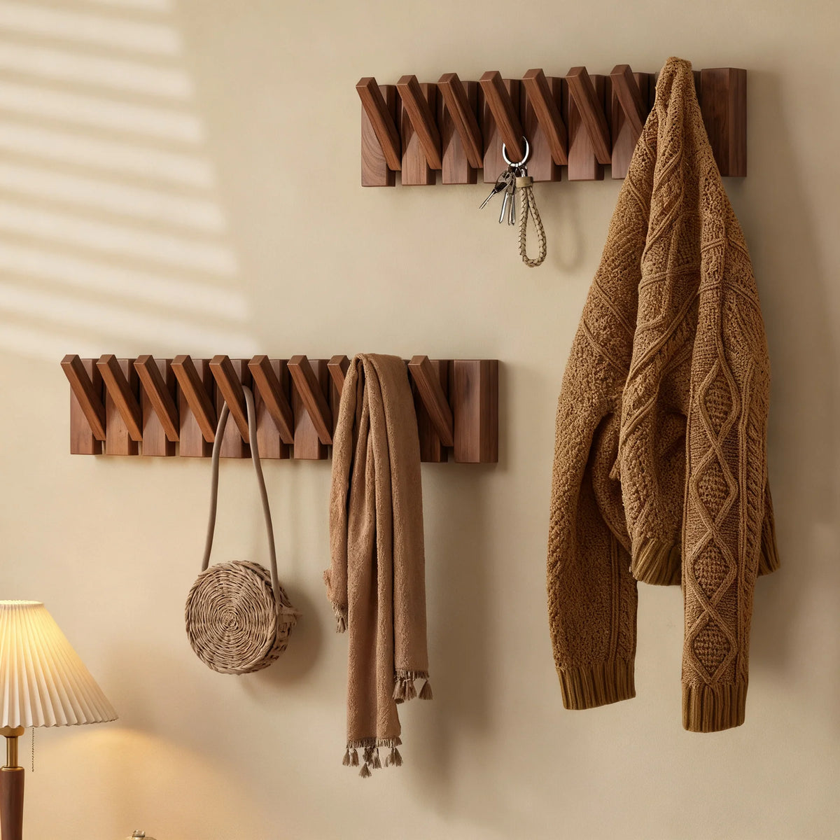 Wall-Mounted Coat Rack Rubberwood Piano-Key Design 4–12 Hooks