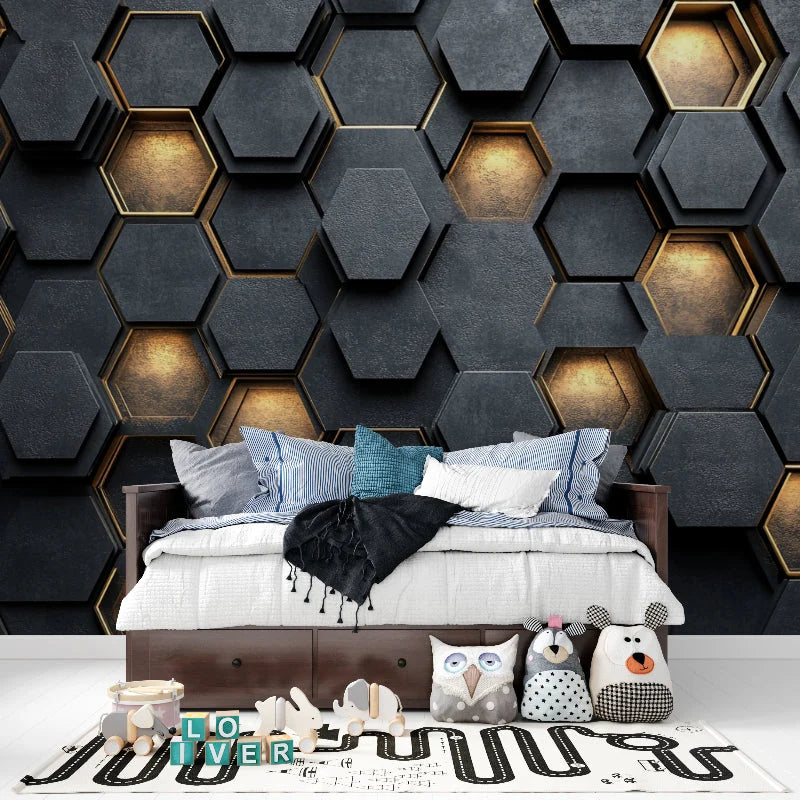 Wallpaper Embossed Honeycomb Black And Gold Self-Adhesive Option