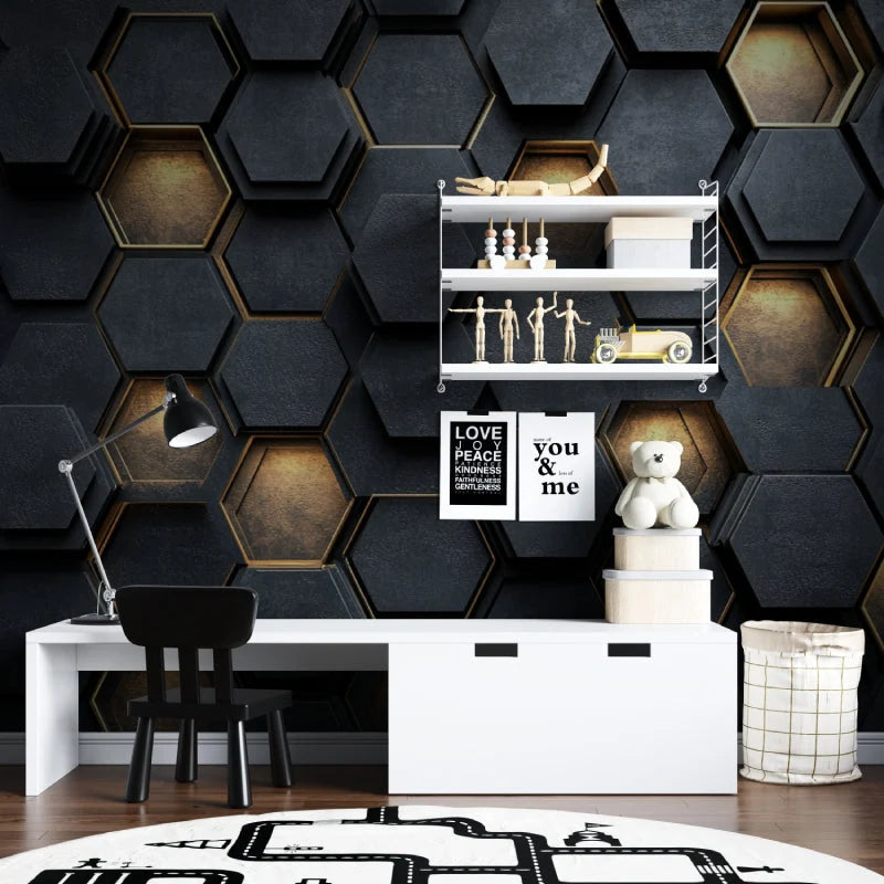 Wallpaper Embossed Honeycomb Black And Gold Self-Adhesive Option