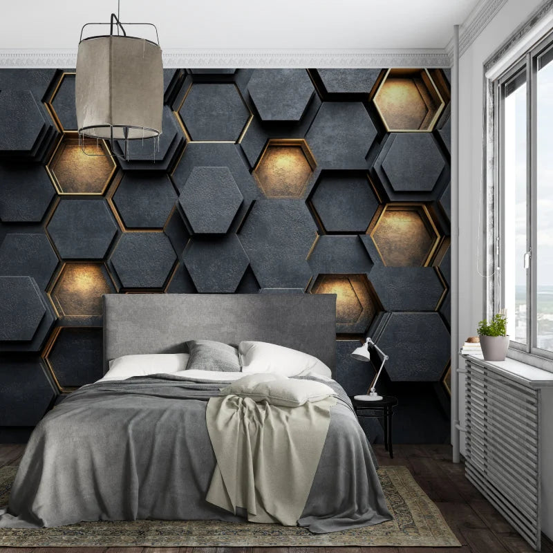 Wallpaper Embossed Honeycomb Black And Gold Self-Adhesive Option