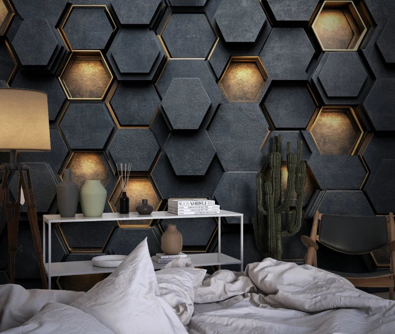 Wallpaper Embossed Honeycomb Black And Gold Self-Adhesive Option