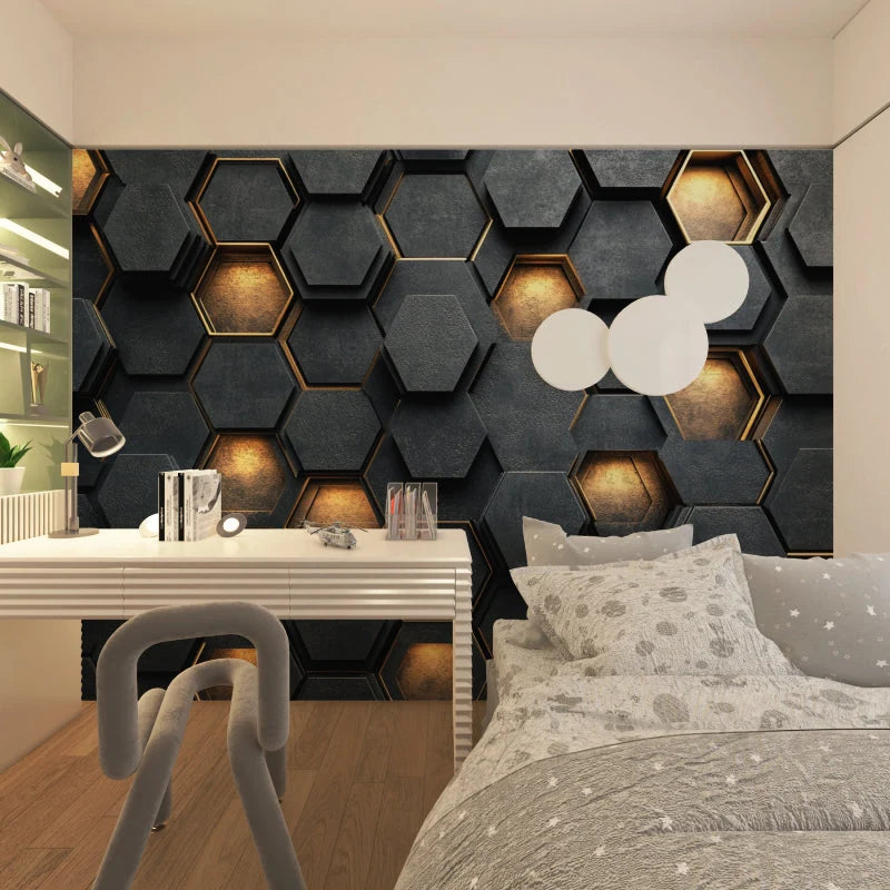 Wallpaper Embossed Honeycomb Black And Gold Self-Adhesive Option