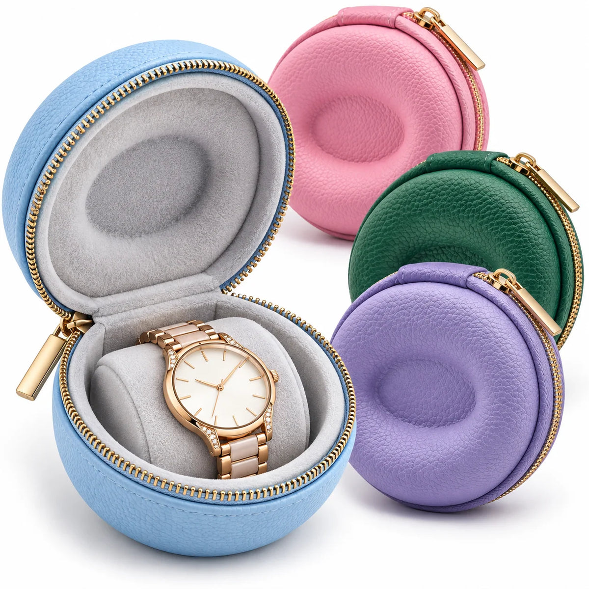 Watch Travel Case Pebbled Leather Velvet Lining Cushioned Pillow