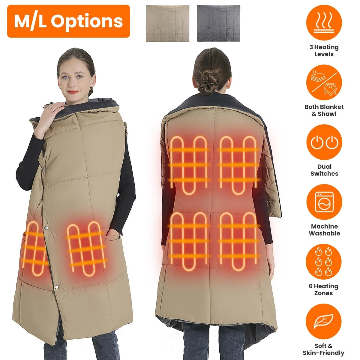 Wearable Blanket Heated USB-Powered Six Heating Zones