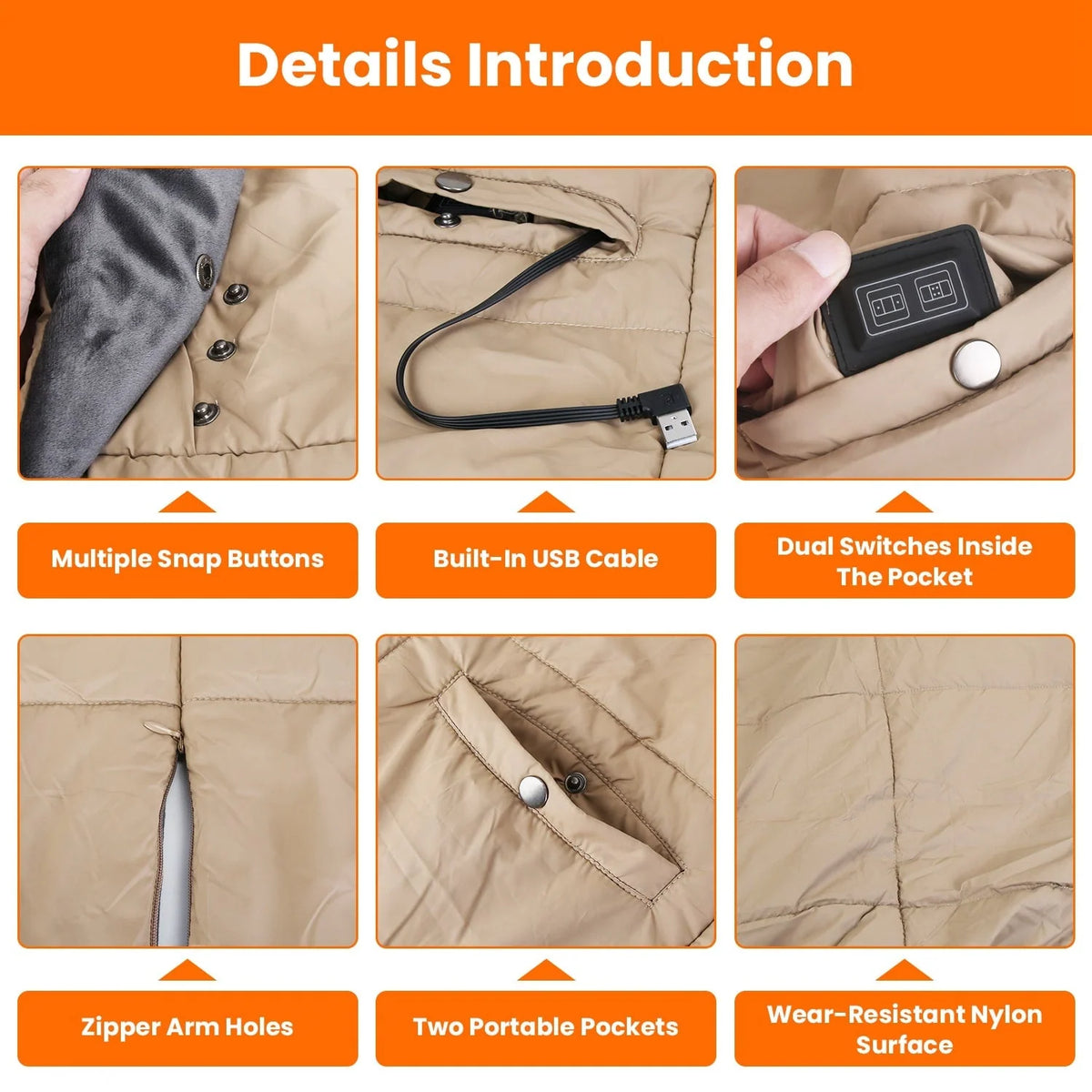 Wearable Blanket Heated USB-Powered Six Heating Zones