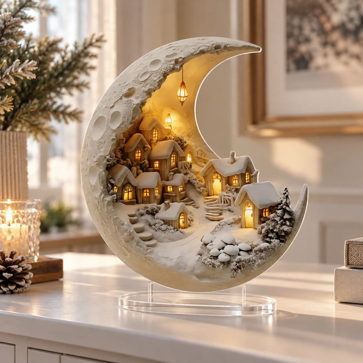 Winter Village Decoration Acrylic Crescent Moon Design