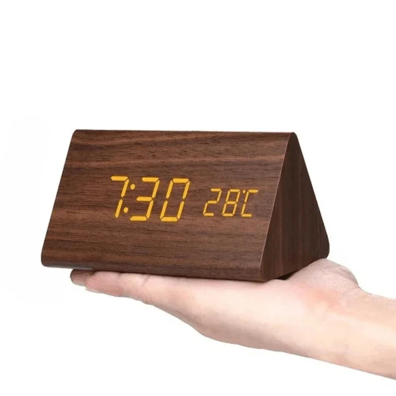Wooden Alarm Clock LED Display Sound-Activated Adjustable Brightness