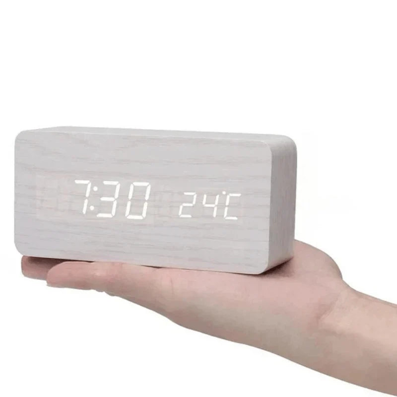 Wooden Alarm Clock LED Display Sound-Activated Adjustable Brightness