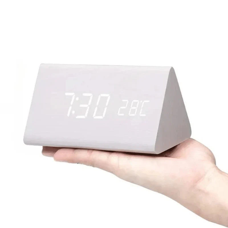 Wooden Alarm Clock LED Display Sound-Activated Adjustable Brightness