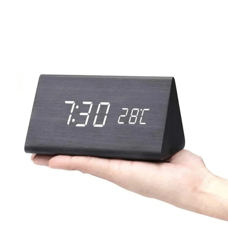 Wooden Alarm Clock LED Display Sound-Activated Adjustable Brightness