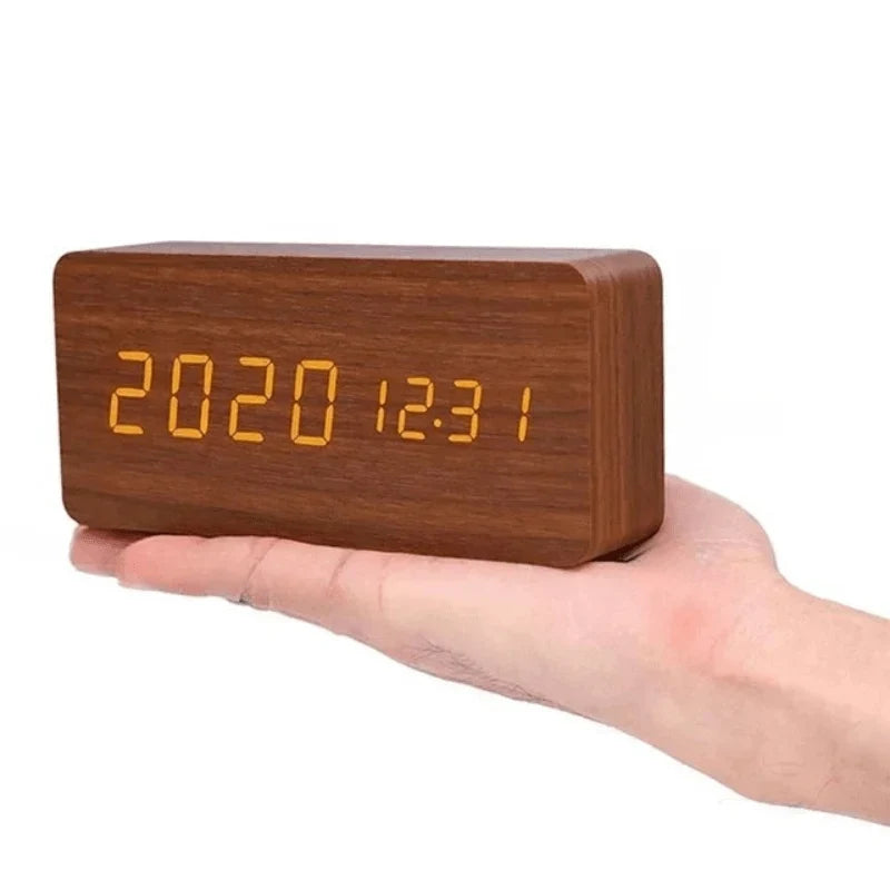 Wooden Alarm Clock LED Display Sound-Activated Adjustable Brightness
