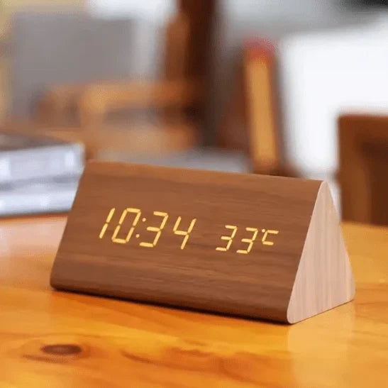 Wooden Alarm Clock LED Display Sound-Activated Adjustable Brightness