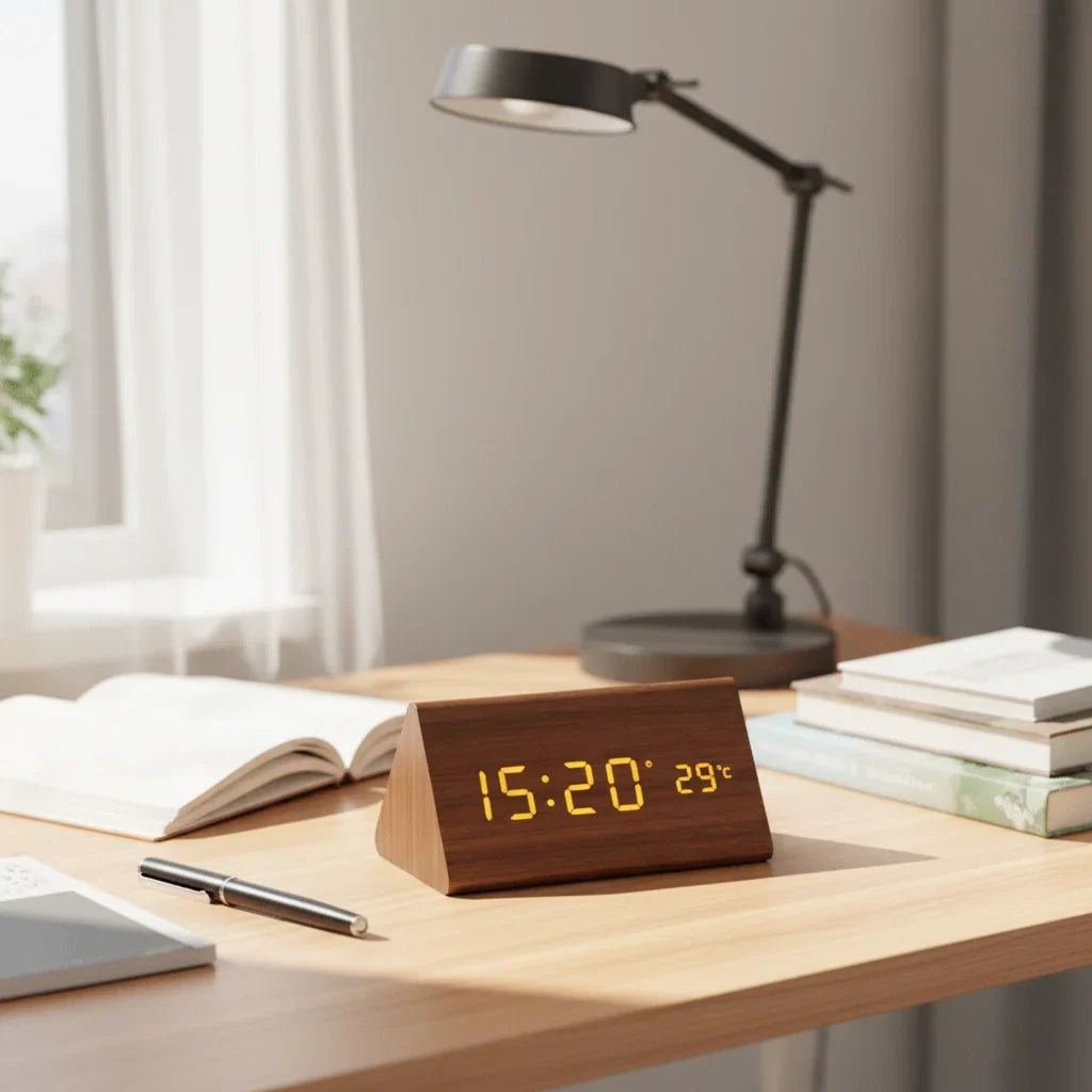 Wooden Alarm Clock LED Display Sound-Activated Adjustable Brightness