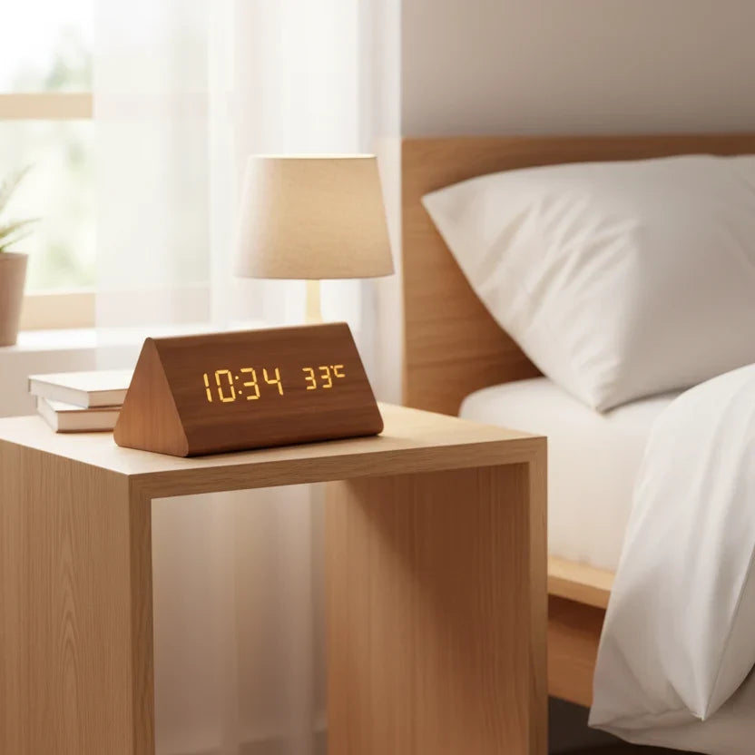 Wooden Alarm Clock LED Display Sound-Activated Adjustable Brightness