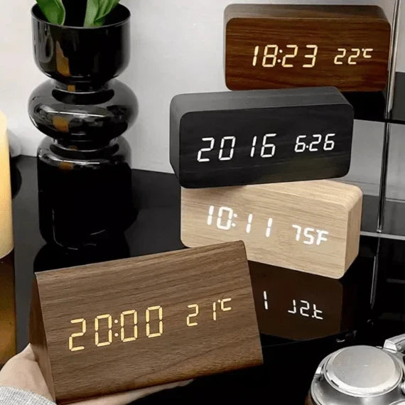 Wooden Alarm Clock LED Display Sound-Activated Adjustable Brightness