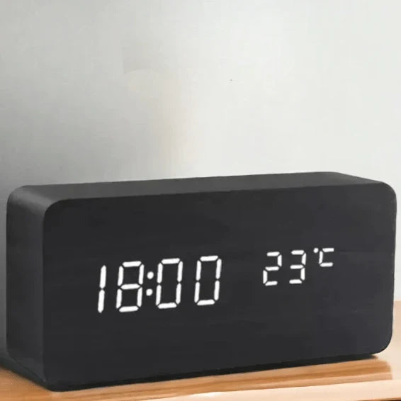 Wooden Alarm Clock LED Display Sound-Activated Adjustable Brightness