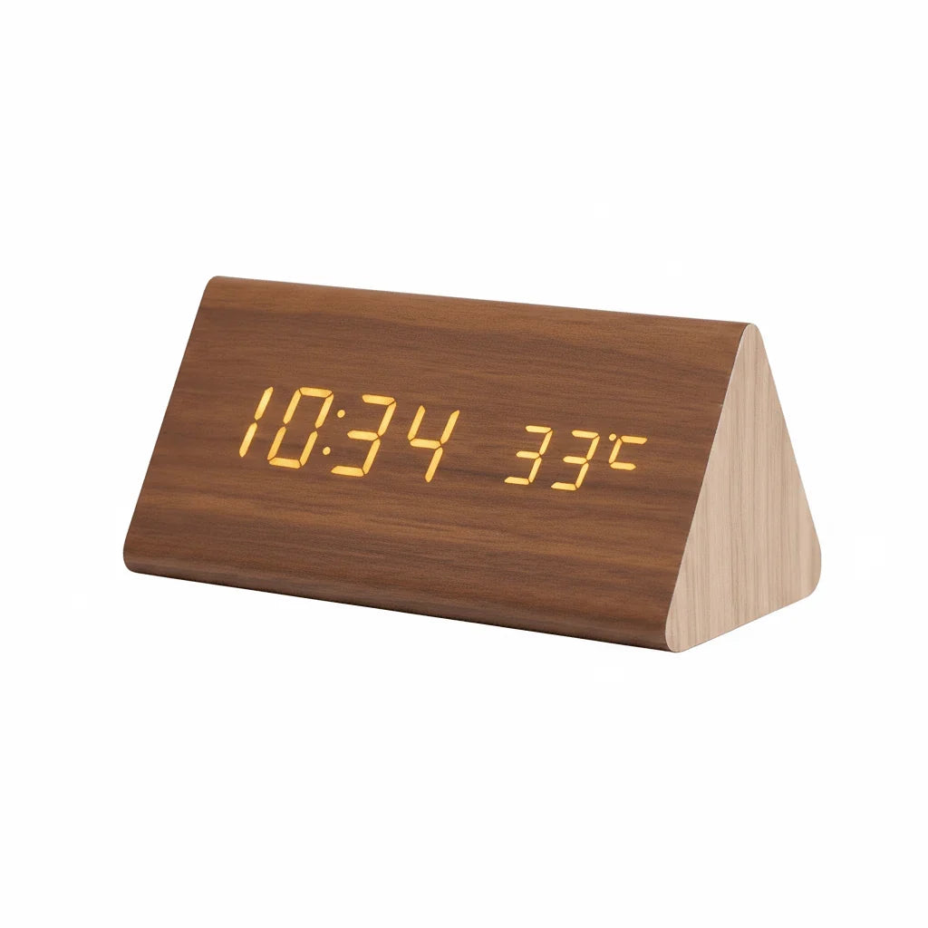 Wooden Alarm Clock LED Display Sound-Activated Adjustable Brightness