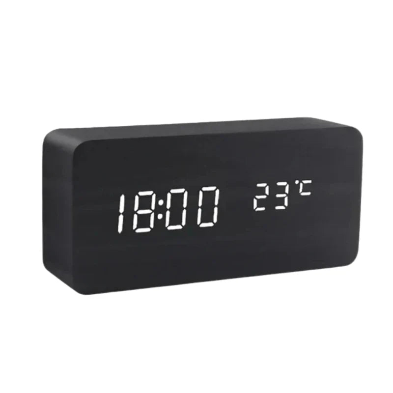 Wooden Alarm Clock LED Display Sound-Activated Adjustable Brightness