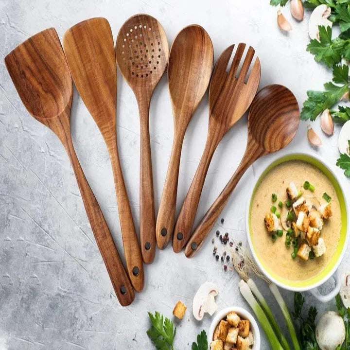 Wooden Utensil Set Solid Teak Nonstick-Safe Set of 6