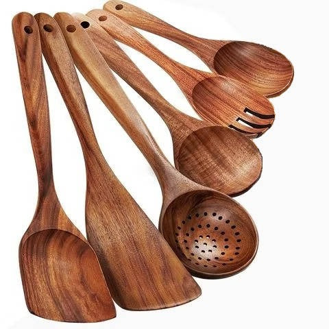 Wooden Utensil Set Solid Teak Nonstick-Safe Set of 6