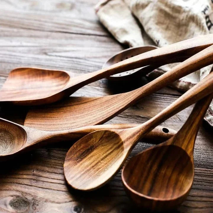 Wooden Utensil Set Solid Teak Nonstick-Safe Set of 6