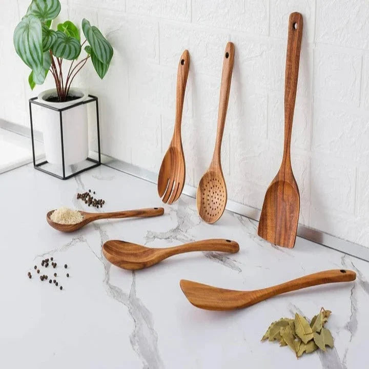 Wooden Utensil Set Solid Teak Nonstick-Safe Set of 6